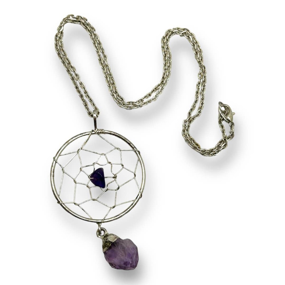 Amethyst Dream Catcher Necklace Silver-tone Pendant Crystal Boho Native Witchy